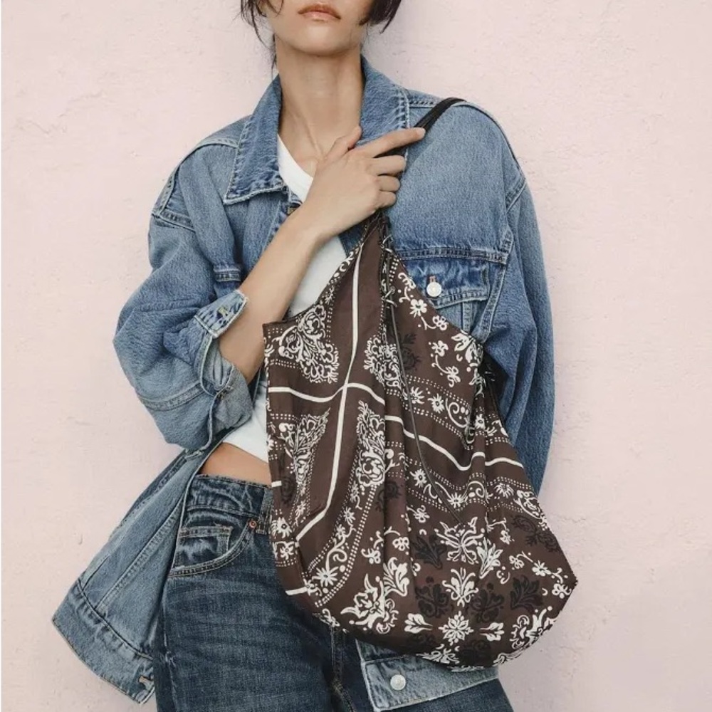 Zara Brown and White Floral Tote Bag